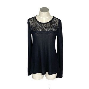Lucky Brand XS Black Lace Top VTG Y2K Thermal Waffle Knit Long Sleeve Sheer Goth